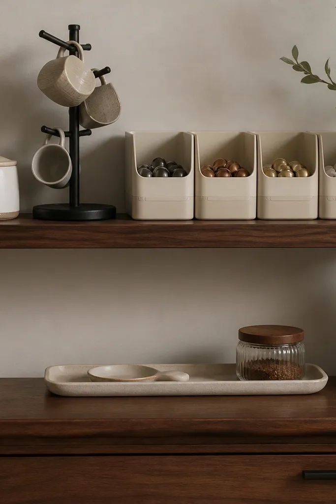 A bedroom wall has a floating walnut shelf holding a small ceramic canister, a matte black mug tree, and neatly lined coffee pod bins. The bins are all the same color family - cream with faint tan labeling. Below the shelf is a slim tray on a dresser surface with a spoon rest and a small glass jar.