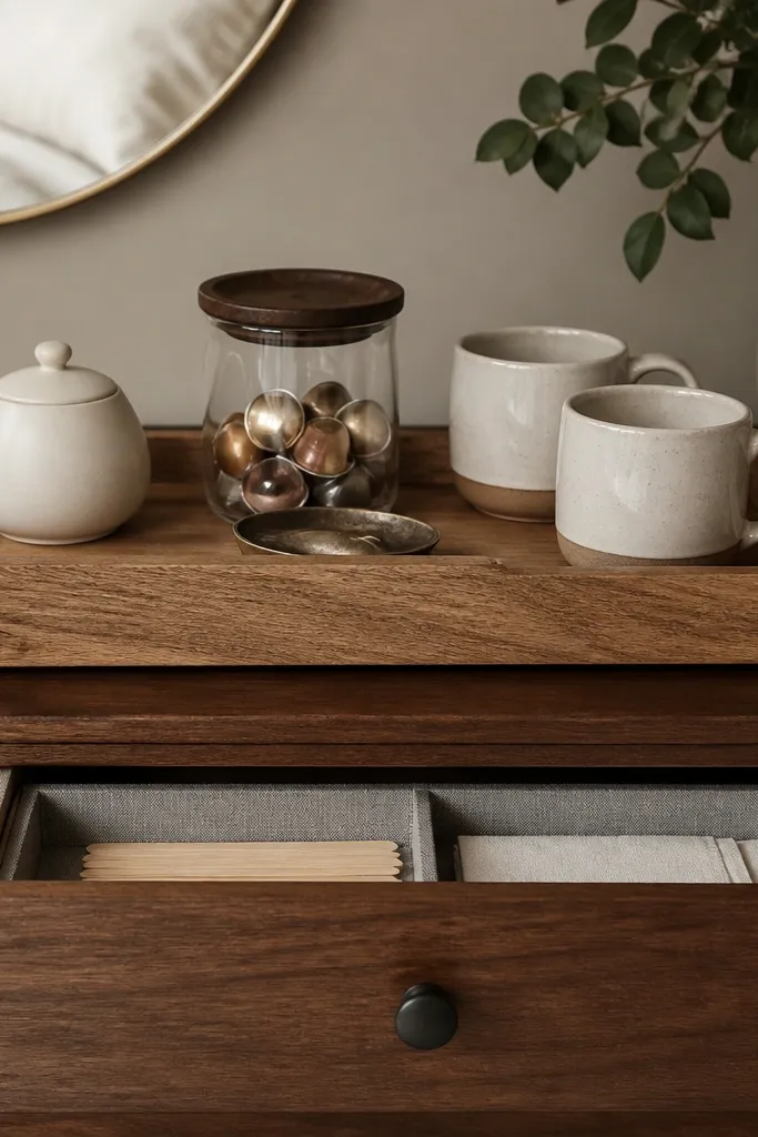 On top of a bedroom dresser sits a large rectangular wooden tray. Inside are a cream ceramic sugar bowl, a glass jar for pods, a small metal spoon rest, and two mugs. The drawer below is open slightly, showing a lined organizer tray with stir sticks and napkins tucked neatly.