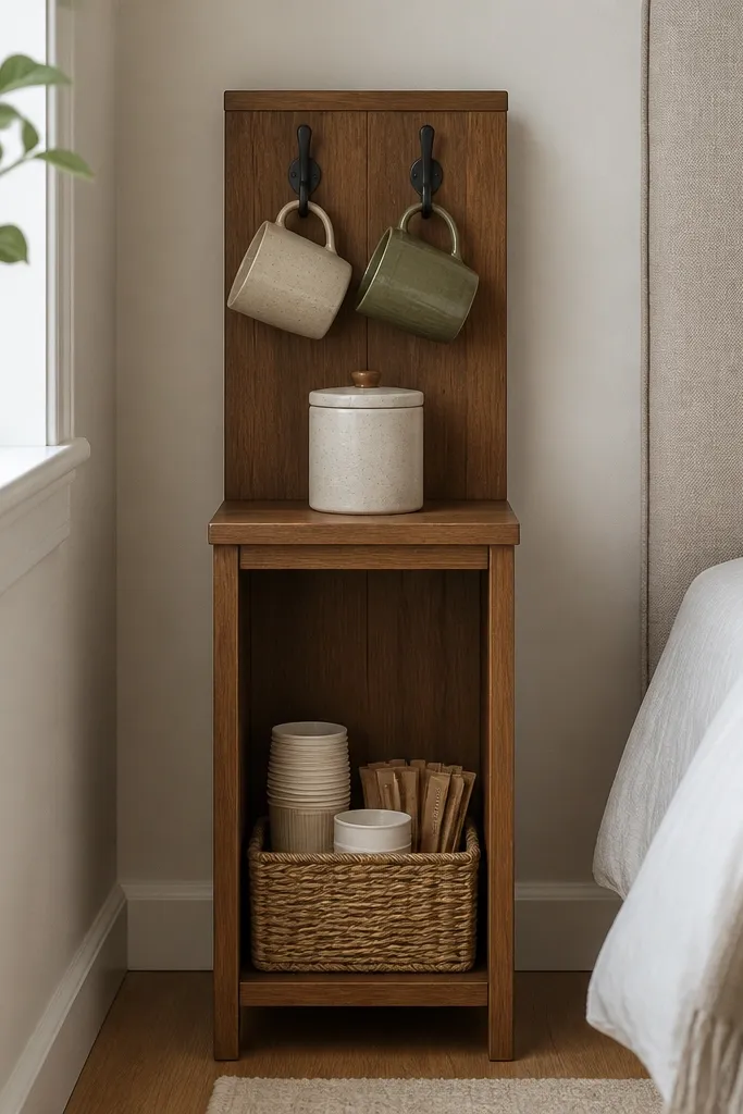 A narrow bedroom cabinet sits against the wall. The top has two hooks with mugs hanging at equal spacing, and a small shelf with a ceramic coffee canister. The bottom compartment holds a woven basket filled with neatly stacked cups and a few stir stick packets.