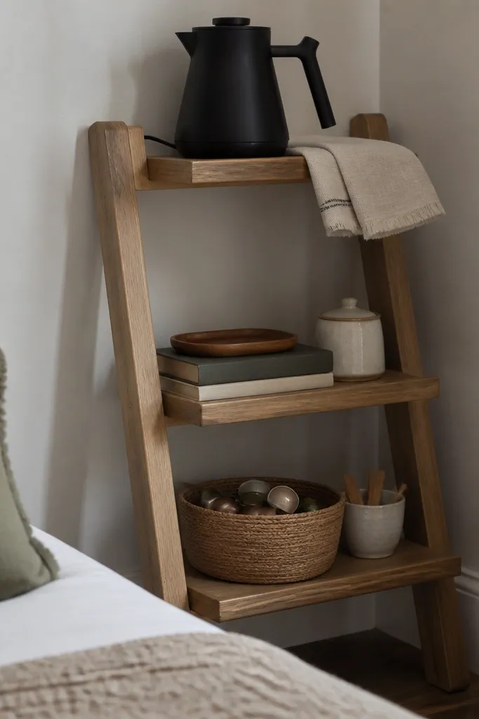 A small wooden ladder shelf leans into a bedroom corner. The top rung holds a matte black electric kettle and a linen-wrapped towel. The middle rung has two stacked books with a small tray on top, plus a ceramic sugar jar. The bottom rung has a woven basket with pods and a small ceramic bowl for stir sticks.