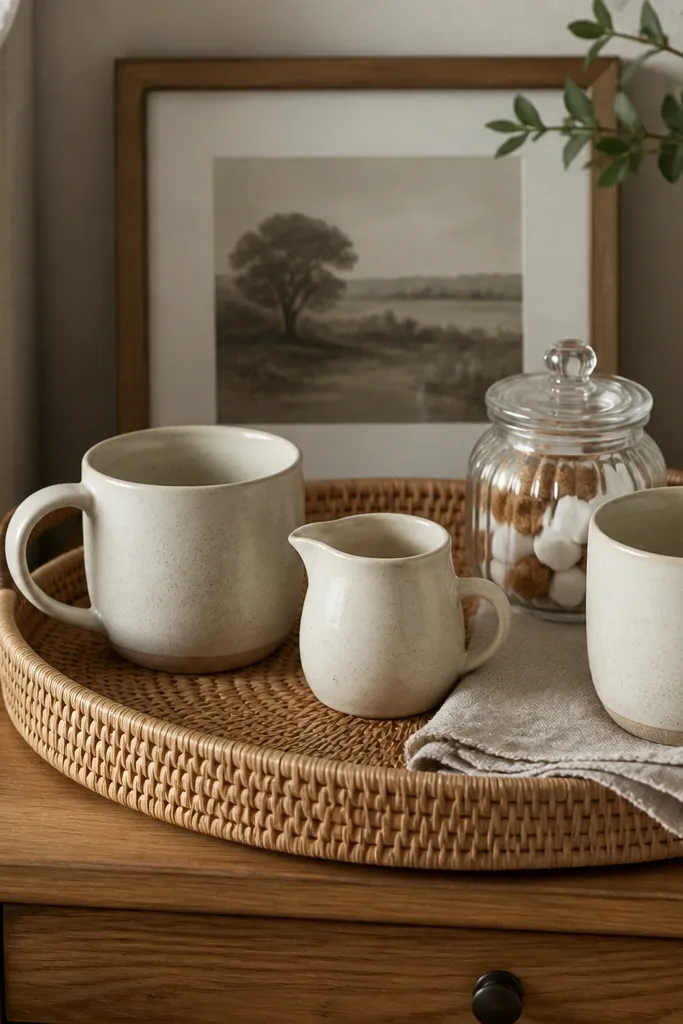 A round rattan tray sits on a bedside table. Two mugs are arranged in a gentle arc facing outward, with a small cream ceramic creamer pitcher near the center. A glass jar of sugar cubes and a folded beige napkin sit on the right side of the tray. Behind the tray is a small framed print.