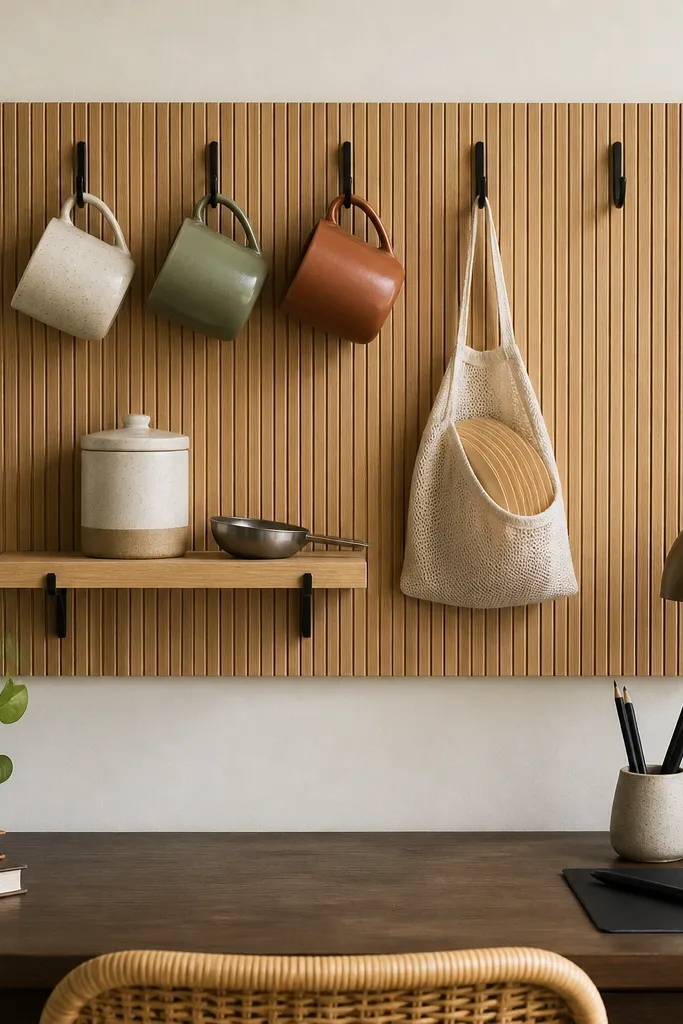 A wall above a small desk has a sheet of cork or slatted wood mounted flat. Black iron hooks line the top area, holding three ceramic mugs. Under the hooks is a small shelf with a ceramic canister and a metal spoon rest. A hanging bag holds filters.