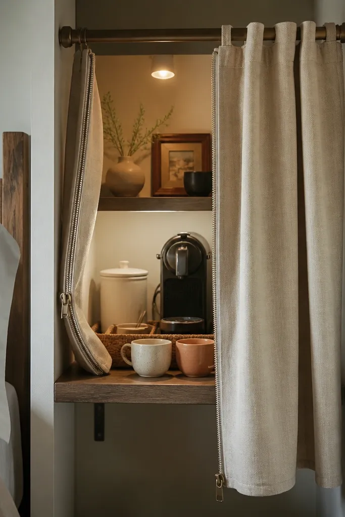 A small coffee station sits on a narrow shelf between a bed and a wall. A zip-front linen curtain hangs from a small rod, covering the back wall behind the coffee items. Visible items include a cream canister, a small tray, and a couple of mugs. When the curtain is open, the coffee looks like a mini room.