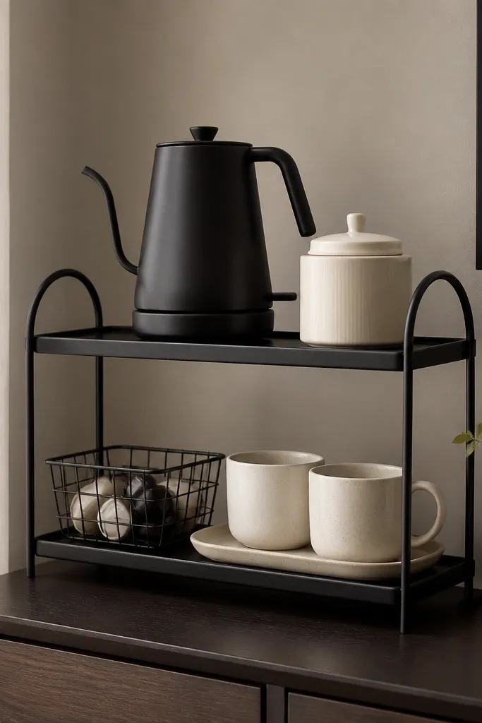 A two-tier metal shelf sits on the side of a dresser. The top tier holds a compact electric kettle and a ceramic jar. The bottom tier has a small wire basket with pods and a tray with two mugs. Everything is in a black and cream palette.