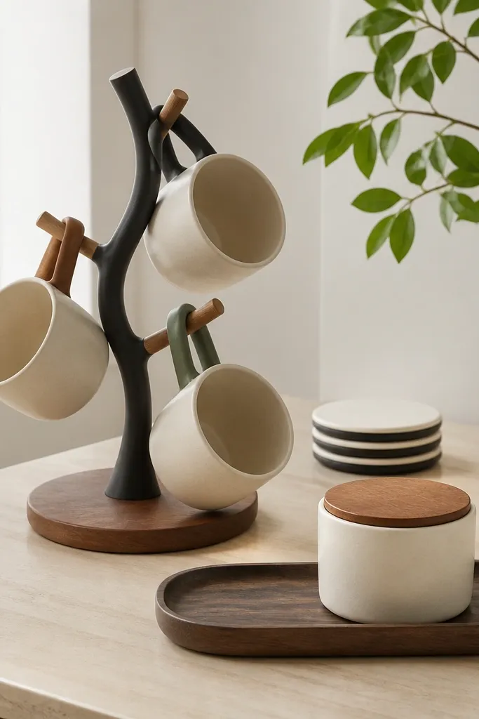 A sculptural mug stand holds three mugs. Each mug has a different handle color but matching cream body. A set of round coasters sits beside the stand, and a small canister with a wooden lid is placed on a tray in front. The palette is cream, warm wood, and black accents.