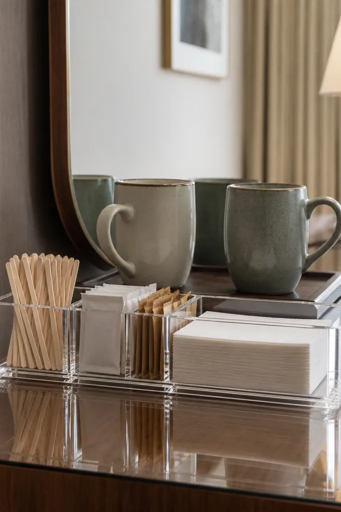 A clear acrylic organizer sits along the edge of a dresser. It has three compartments: one for stir sticks, one for sugar packets, one for napkins. Two mugs sit behind the organizer on a small tray. The reflection shows the items neatly aligned.