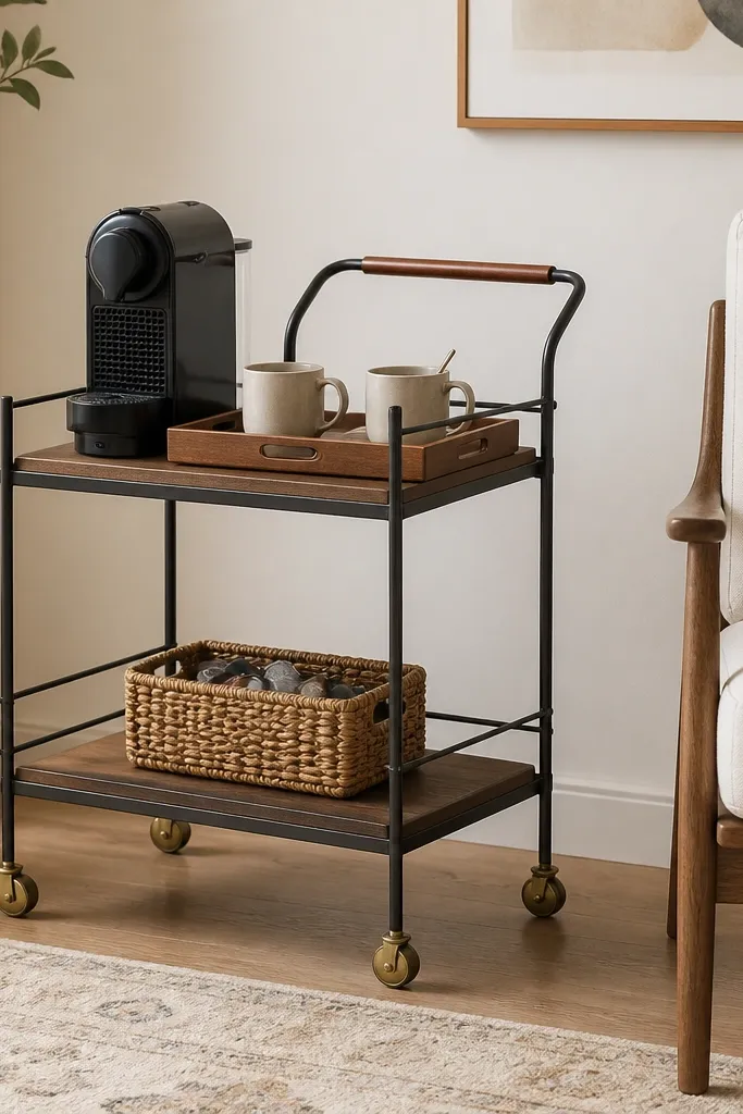 A small two-shelf bar cart sits beside a chair. The top shelf holds a small coffee maker and a tray with mugs. The bottom shelf has a single basket labeled with a small tag for pods. The cart has brass wheels and a warm wood handle.