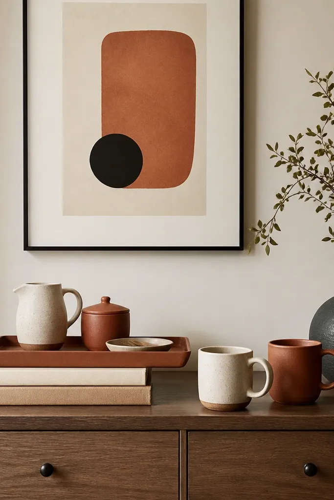 A low dresser has a small stack of two books on one side. On top sits a rectangular tray holding a ceramic creamer, a sugar jar, and a small spoon rest. Two mugs sit on the dresser surface below the tray. A framed print hangs above, and the color palette is cream, terracotta, and black.