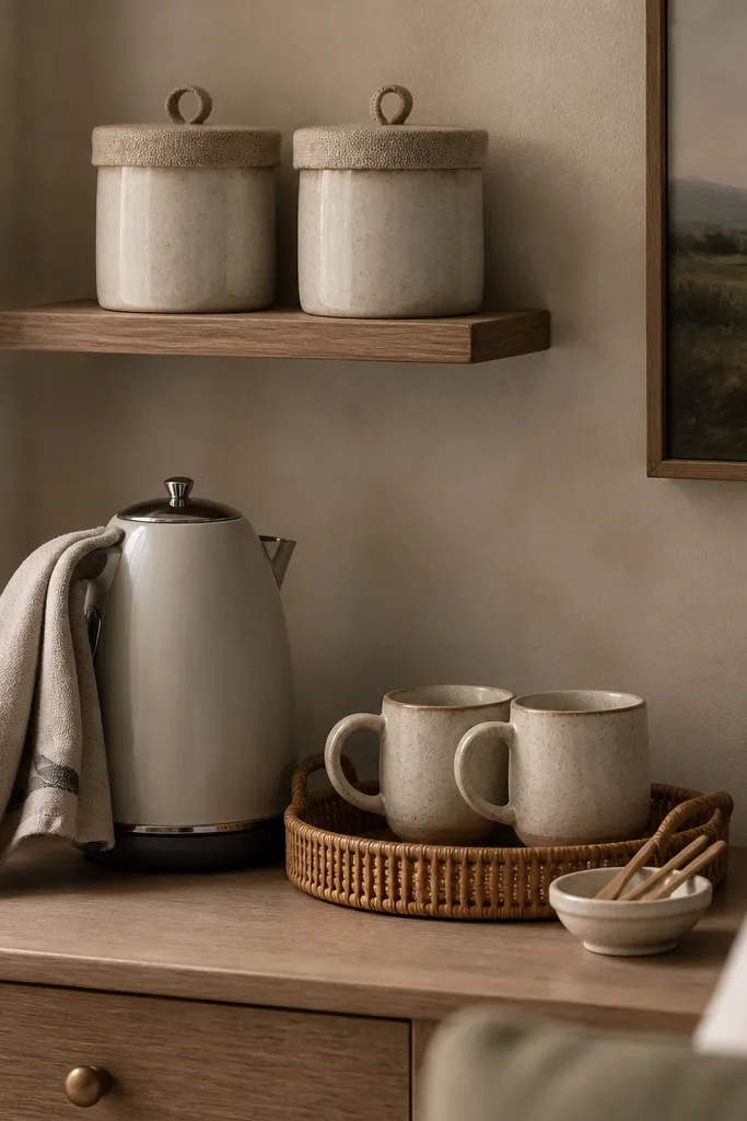 A bedroom coffee corner has a small wooden shelf with two matching ceramic canisters with linen-wrapped lids. A linen towel is folded and wrapped around the kettle handle area. A tray with mugs sits below, and a small bowl holds stir sticks.