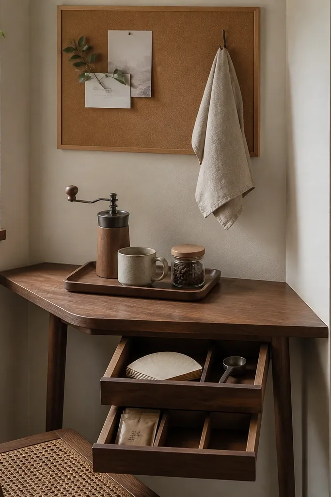 A tiny corner desk has a small tray on the surface with a coffee grinder, a ceramic mug, and a small jar. The desk drawers are open to show slim drawer inserts holding filters, a scoop, and packets. A cork pin board hangs above with one hook for a towel.