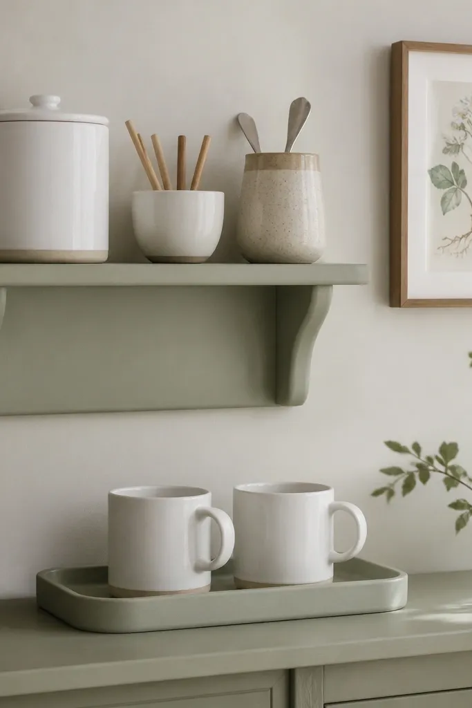 A sage green wall shelf holds three items: a white ceramic canister, a small white bowl for stir sticks, and a ceramic spoon cup. Two white mugs sit on a matching tray below the shelf. A small framed botanical print hangs nearby.