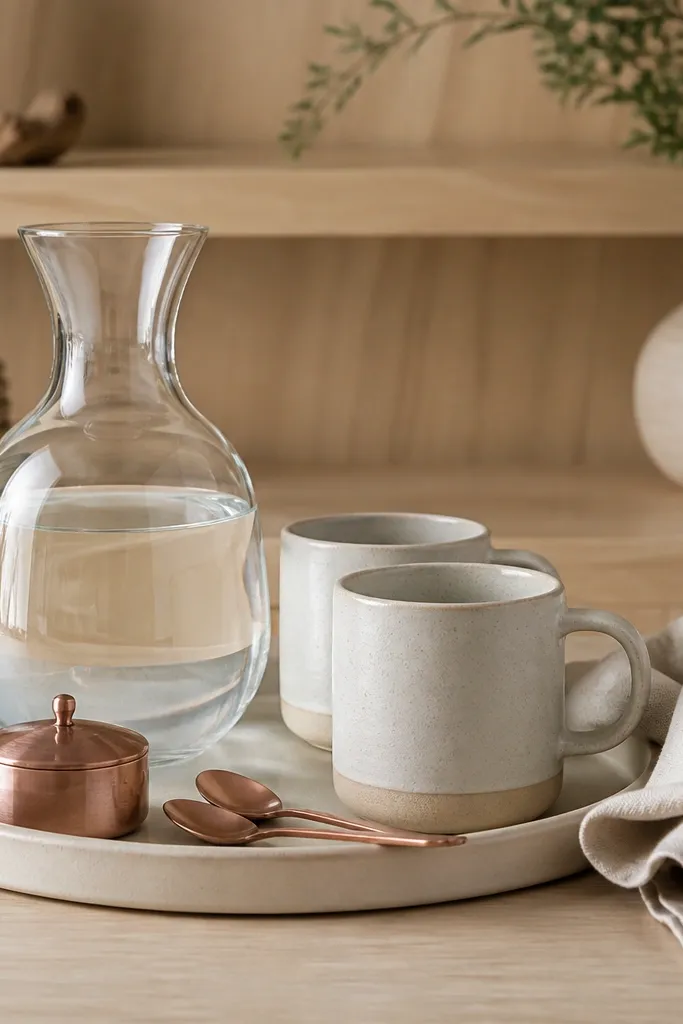 A clear glass carafe sits on a tray with two mugs. Copper-toned spoons and a small copper-lidded jar are placed next to the carafe. The background is a light wood shelf, and a neutral linen napkin is folded beside the mugs.