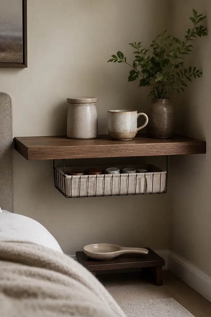 A floating shelf sits in a bedroom corner with a small canister and a ceramic mug placed near the center. Under the shelf is a basket that holds pods. The basket has a neutral liner, and a small tray on the floor or small stand holds a spoon rest.