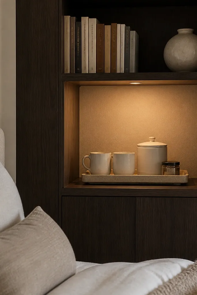 A small open shelf niche inside a bedroom bookcase holds a tray with mugs, a ceramic canister, and a small jar. The rest of the bookcase has closed doors or books. The niche is lit by a soft warm light, and the colors are cream and dark wood.