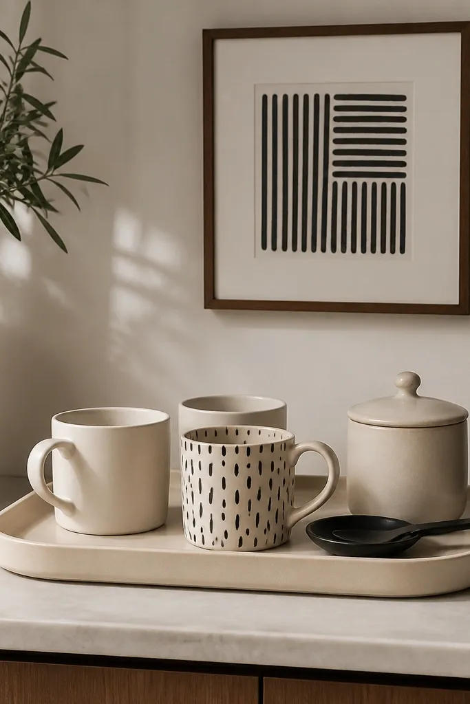 A coffee corner has two plain cream mugs and one mug with a small black pattern. They sit on a tray with a cream sugar jar and a black spoon rest. A small framed print with black lines hangs above.