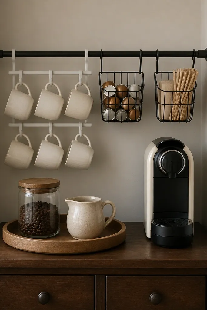 A narrow coffee setup mounted above a small dresser using a tension rod between two walls. Hanging from the rod are a white mug rack and small wire baskets holding coffee pods and stir sticks. On the dresser sits a round wooden tray with a glass jar of beans and a ceramic creamer in warm beige.