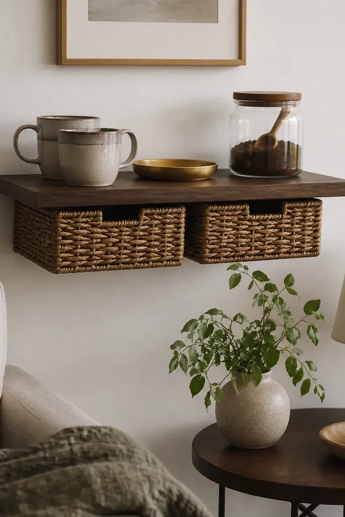 A floating-style shelf made with a no-drill hanging system sits above a couch-side table. Under the shelf are two woven baskets. On top: a ceramic mug set, a small brass tray, and a clear glass jar for coffee grounds.