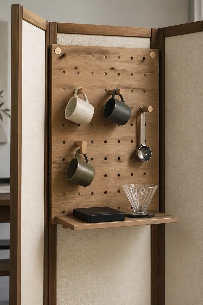 A freestanding folding screen has a pegboard panel attached with removable fasteners. Small hooks hold mugs and a measuring scoop. A lower shelf holds a black coffee scale and a glass pour-over dripper.