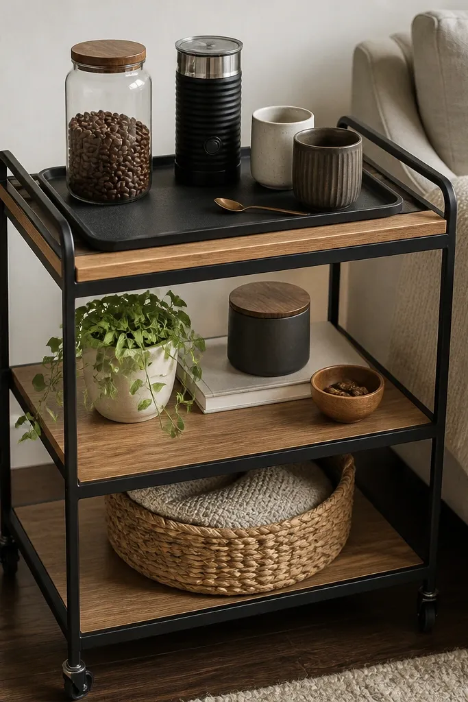 A small three-tier bar cart with black metal frame and natural wood shelves sits next to a sofa. The top has a large silicone mat under a raised-edge tray. A glass jar of beans, a milk frother, and mugs are arranged neatly.