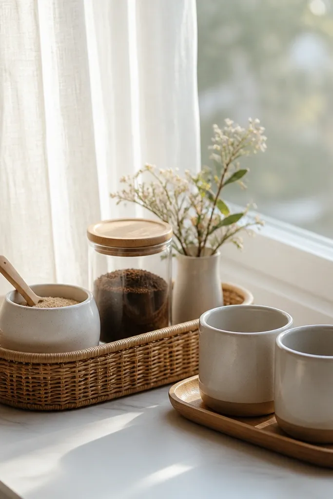 A narrow caddy sits on a bright window sill. Inside are a wooden scoop, a small ceramic container for sugar, and a clear glass jar for coffee. Two matching mugs sit on a small tray, and a sheer curtain glows with morning light.