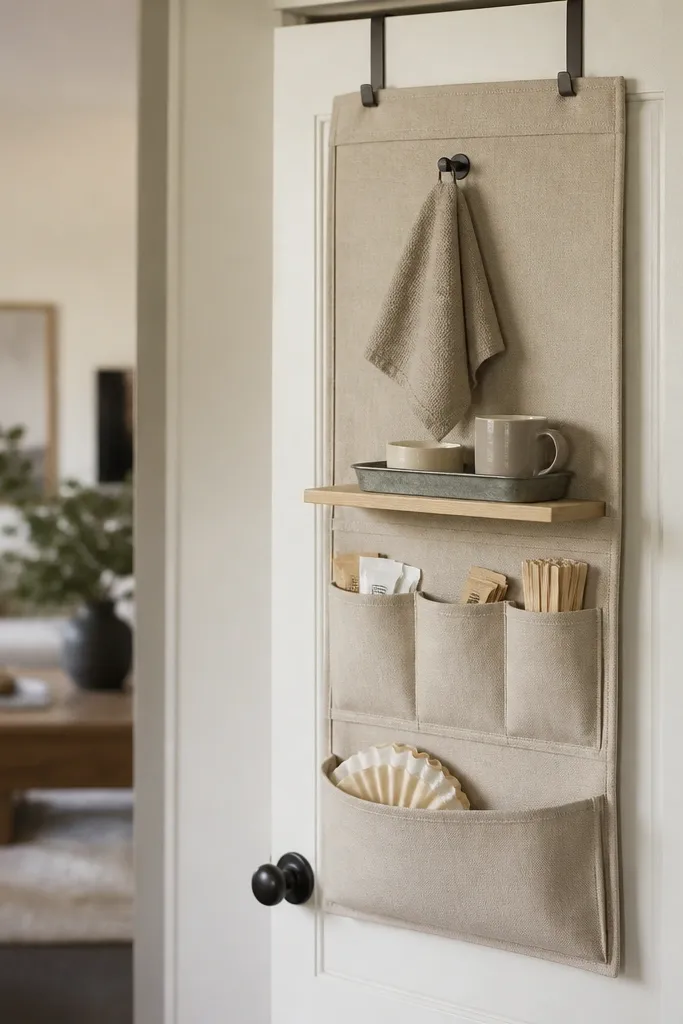 An over-the-door organizer hangs on a closet door near the living room. Pockets hold sugar packets, stir sticks, and filters. The top hook holds a small towel, and a small metal tray sits on a shelf ledge for mugs.