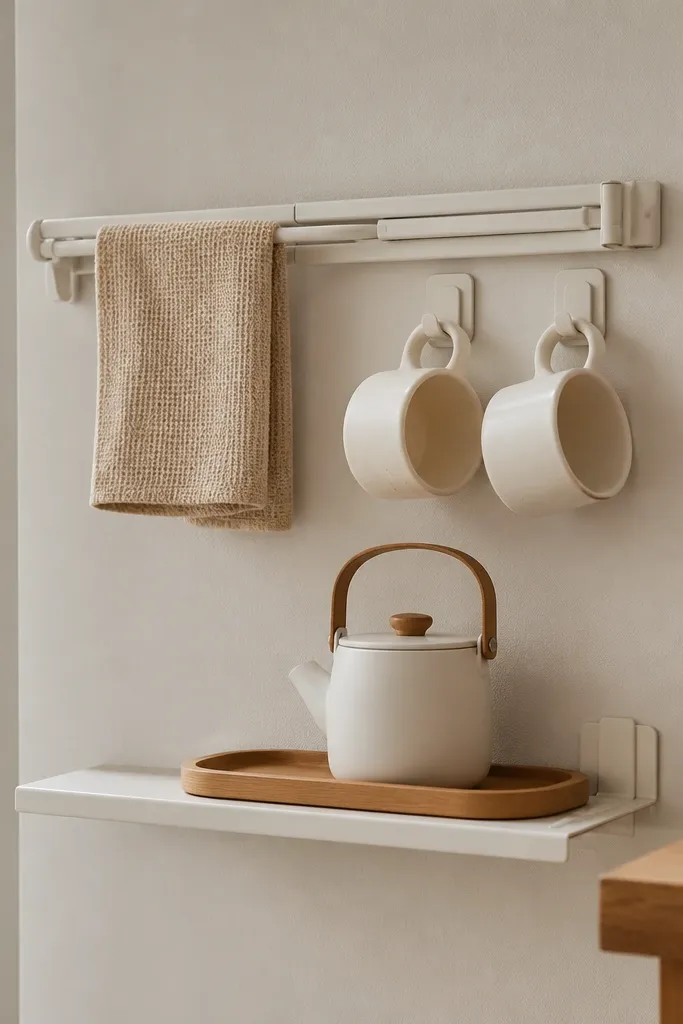 A small foldable rail is attached to the wall using adhesive mounting strips. Two adhesive hooks hold mugs with handles facing forward. A slim shelf below holds a small kettle on a tray.