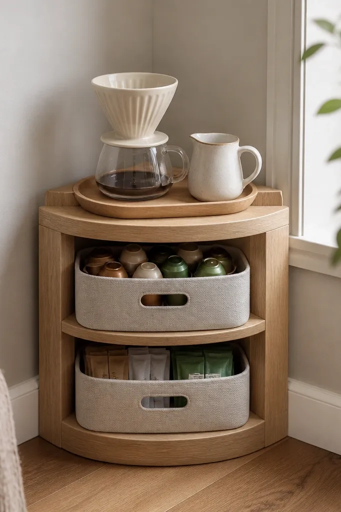 A small corner desk shelf with a light wood finish sits in a living room corner. Inside the shelf are two removable bins labeled for pods and sweeteners. A top tray holds a pour-over dripper and a small ceramic milk jug.