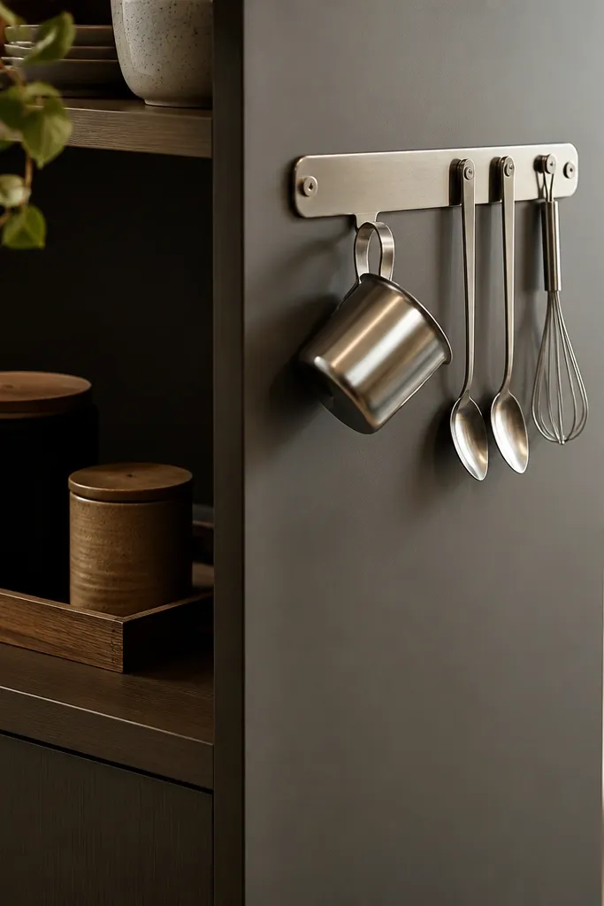 A stainless magnetic strip is mounted on the side of a small cabinet using removable mounting hardware. It holds a metal frothing pitcher, a spoon set, and a small whisk. Below, a cabinet shelf holds coffee canisters and a tray.
