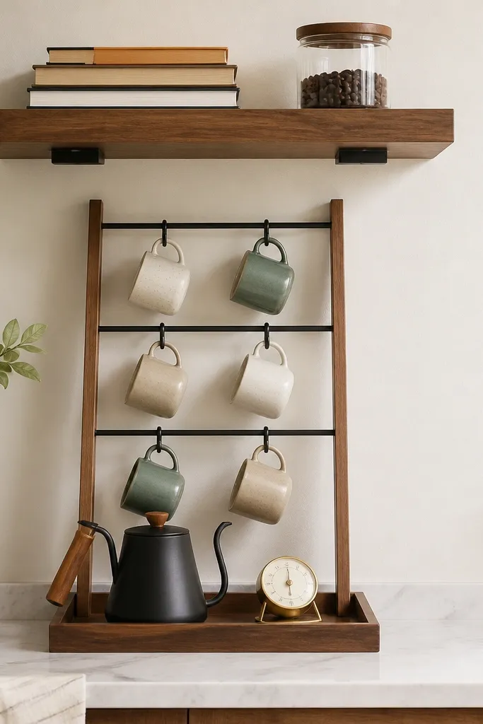 A no-drill floating shelf holds a small stack of books and a glass jar. Beneath it is a ladder-style mug stand with three rungs. Mugs hang evenly, and a slim tray holds a kettle and a small timer.