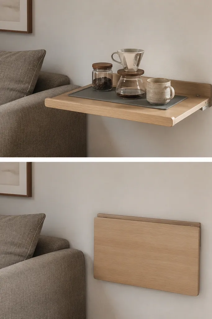 A fold-out wall-mounted tray sits next to a sofa. When folded down, it forms a small desk surface. A small jar, a pour-over dripper, and a ceramic mug sit on a tray mat. When folded up, the wall looks clean.