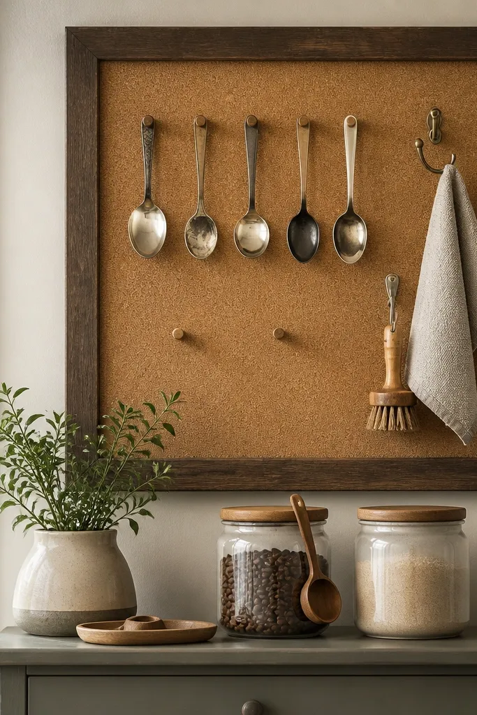 A large framed cork board hangs above a small cabinet. On the cork are small pegs for spoons and a few hooks. Nearby, matching canisters with handwritten labels hold coffee beans and sugar.