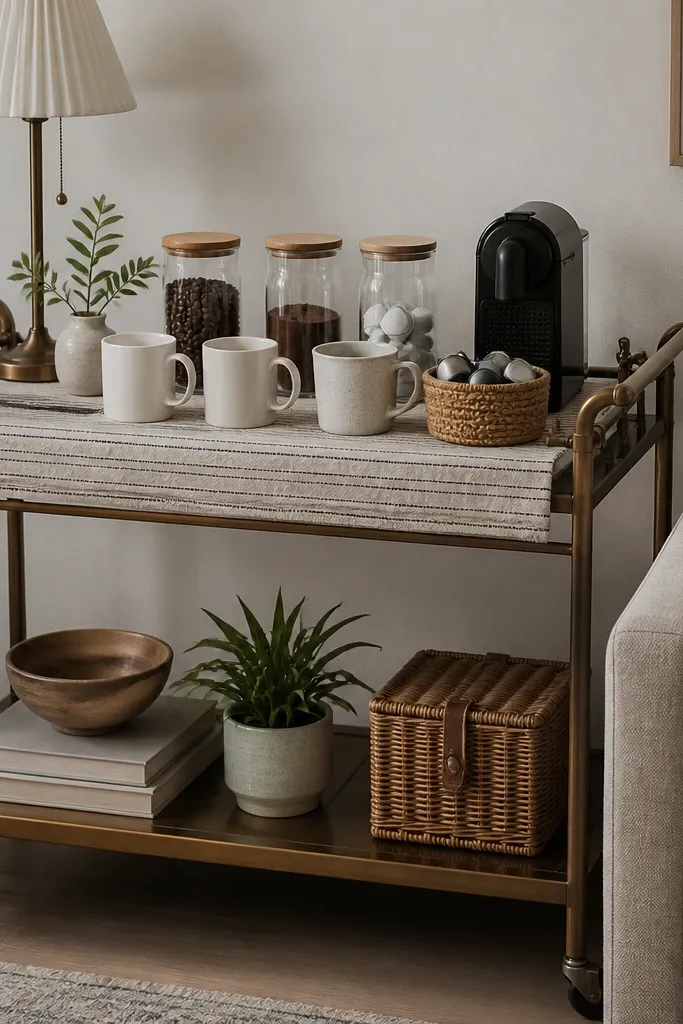 A bar cart with brass accents sits beside a sofa. A folded fabric runner in oatmeal with thin black stripes covers the top shelf. Coffee jars and mugs are arranged in a neat row, with a small woven basket for pods.
