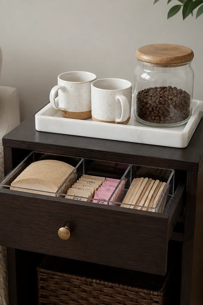 A compact nightstand used as a coffee nook. The top has a white tray, a glass jar, and two mugs. The drawer is open with clear divider inserts holding filters, sweeteners, and stir sticks.