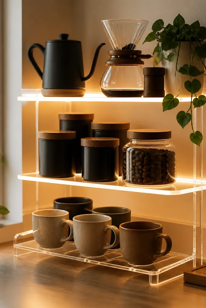 A small acrylic shelf unit with built-in warm LED strip light displays coffee canisters and a pour-over dripper. Mugs sit on a clear stand below. The LEDs glow softly, and the corner looks like a mini coffee shop.