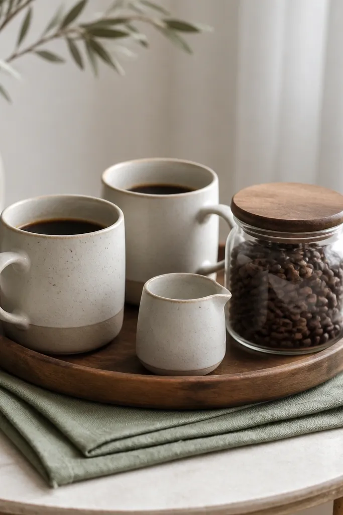 On a small round table, a folded linen napkin in sage is placed under a coffee tray. Two matching ceramic mugs sit on top. A small ceramic creamer and a glass jar of coffee beans complete the set.
