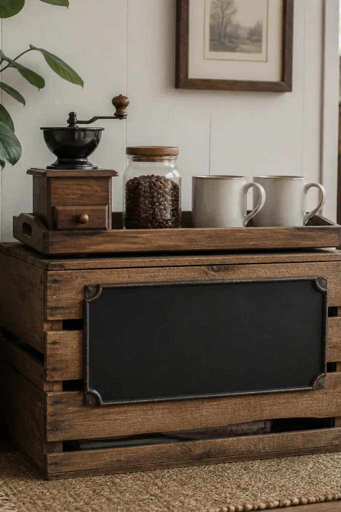 Two wooden crates are stacked into a coffee station on a small rug. A chalkboard label sits on the front crate. On top is a tray with a coffee grinder, a glass jar, and mugs arranged in a row.