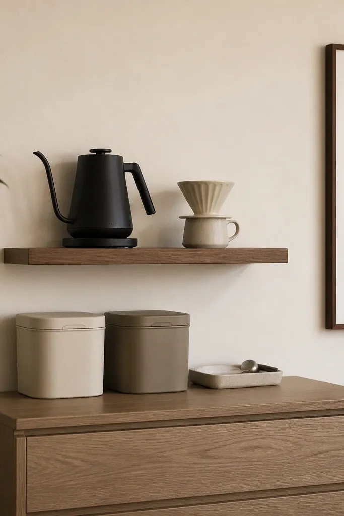 A narrow floating shelf mounted above a small dresser. On top sits a matte black electric kettle and a ceramic pour-over dripper. Under the shelf are two matching lidded bins in cream and taupe, plus a small tray with a spoon rest. A single framed print hangs to the side, and the wall is painted a warm off-white.