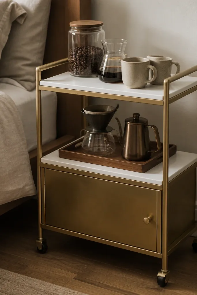 A slim rolling cart with three tiers. The top has a glass jar of coffee beans, a small carafe, and two matching mugs. The middle has a tray with a pour-over set. The bottom section has a closed cabinet door, and the cart is parked beside a bed at nightstand height. The cart is brushed brass with white shelving.