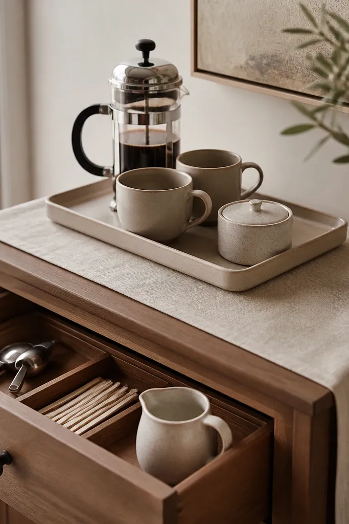 A small dresser with one drawer left open. Inside the drawer is a pull-out tray with compartments for a scoop, stir sticks, and a small ceramic creamer. On top of the dresser sits a single tray holding a French press, two mugs, and a sugar jar with a lid. A linen runner in oatmeal covers part of the dresser surface.
