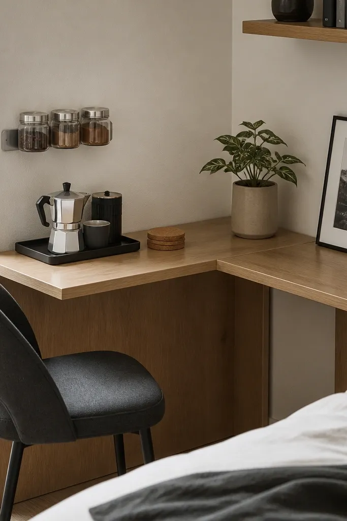 A small L-shaped desk tucked into a bedroom corner. On the desk top is a compact espresso machine or moka pot setup on a black tray. On the side wall, a magnetic spice rack holds small labeled jars for coffee, cinnamon, and cocoa. A cork coaster set sits beside the machine. The desk is light oak with a charcoal chair nearby.