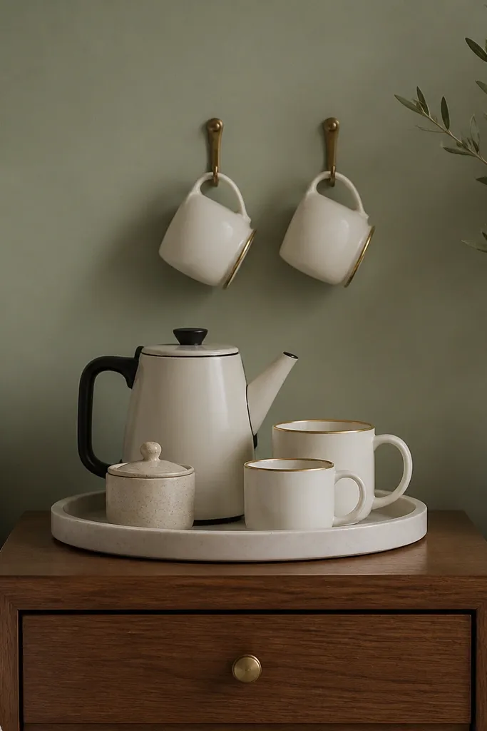 A nightstand with a single coffee tray. On the tray are a small kettle, a sugar jar, and two mugs. Above the nightstand, there are two wall hooks holding the mugs by their handles. The wall is painted a soft sage, and the mugs are off-white with thin gold rims.