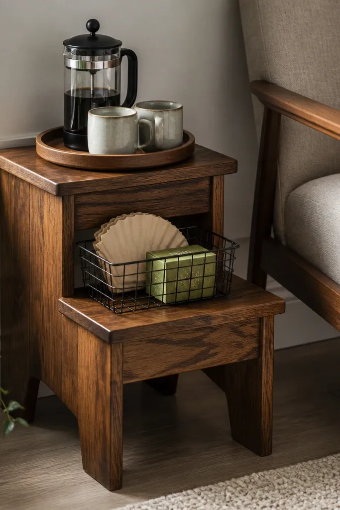 A small sealed wood step stool placed in a corner beside a chair. The top has a French press and two cups on a tray. The next step has a wire basket holding paper filters and a small box of tea. The stool is stained warm brown, and the wire basket is black.