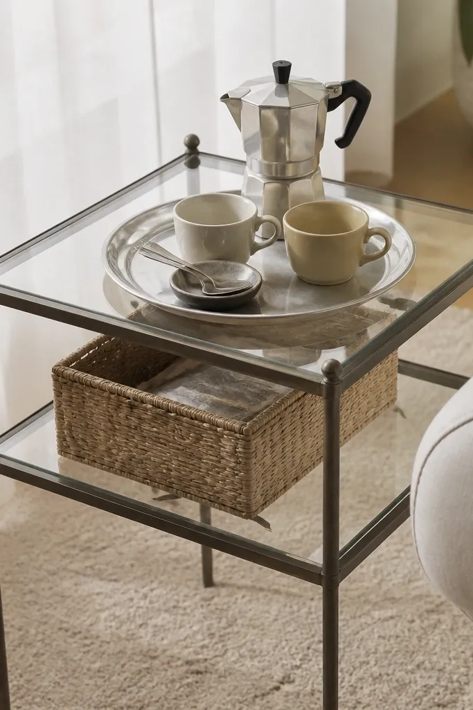 A glass-topped side table with a metal frame. A silver metal tray sits on the glass top holding a small espresso maker, two cups, and a small dish for spoons. Under the glass, you can see a woven basket tucked on a lower shelf. The room has white curtains and a light beige rug.