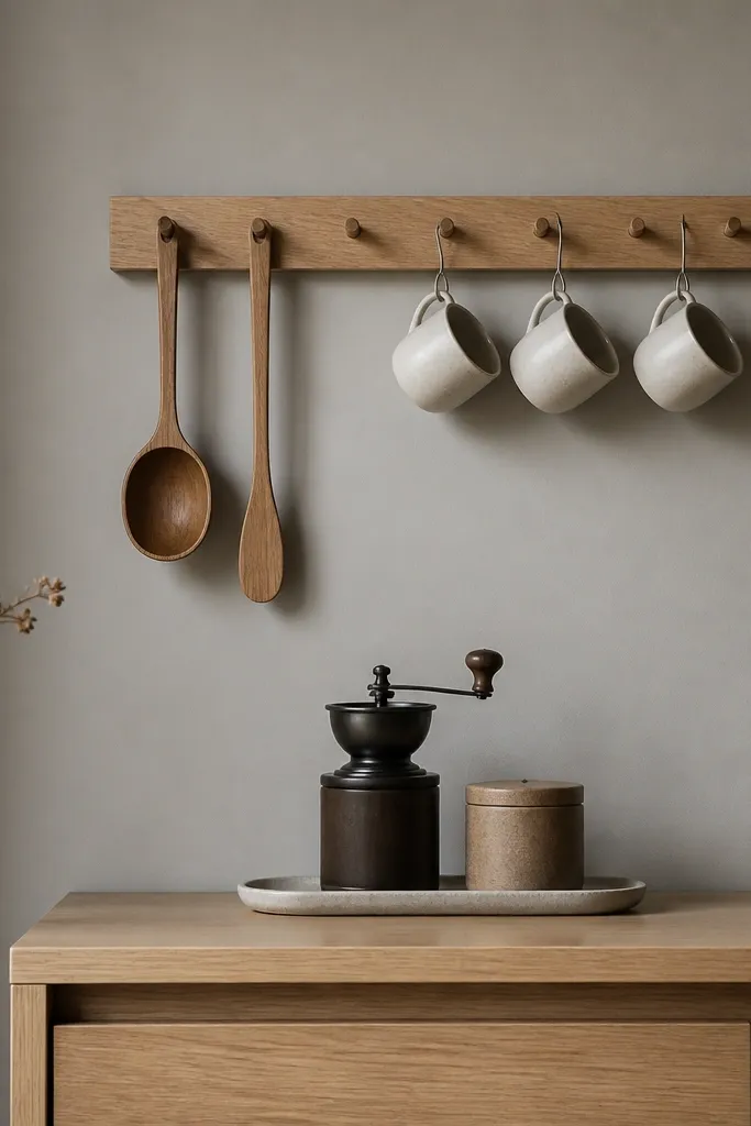 A peg rail mounted on a wall above a small console. Two small pegs hold a scoop and stir spoon. Under the rail, three mini cups hang from hooks. A slim tray on the console holds a grinder and a small canister. The console is white oak and the wall is warm gray.