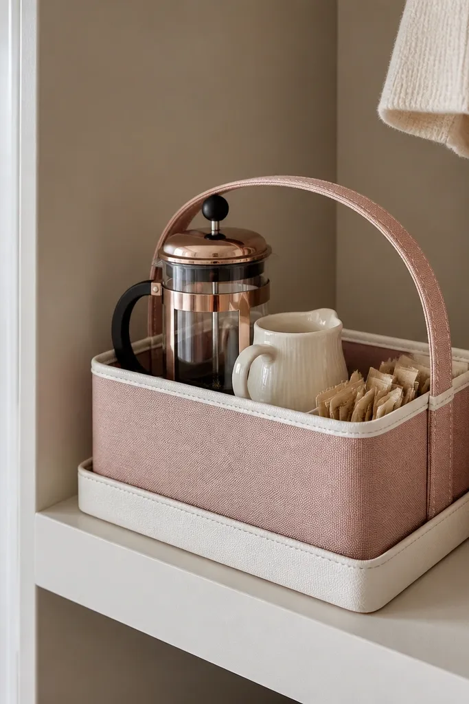 A shelf edge in a bedroom closet nook. A fabric-covered coffee caddy sits on a ledge, with a canvas outer and a wipeable inner liner. Inside are a small French press, a ceramic creamer, and a stack of sugar packets. The caddy has a handle and sits inside a shallow tray to catch drips. Colors are dusty rose and cream.
