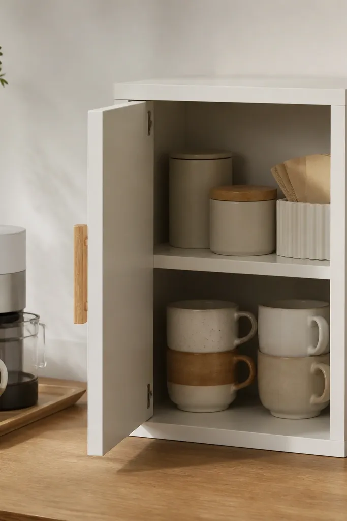 A small freestanding cabinet with a door and magnetic latch. The door opens to reveal two shelves: one with coffee canisters and filters, the other with mugs stacked neatly. Outside the cabinet sits a small tray with a compact coffee maker and a mug. The cabinet is matte white with oak handles.