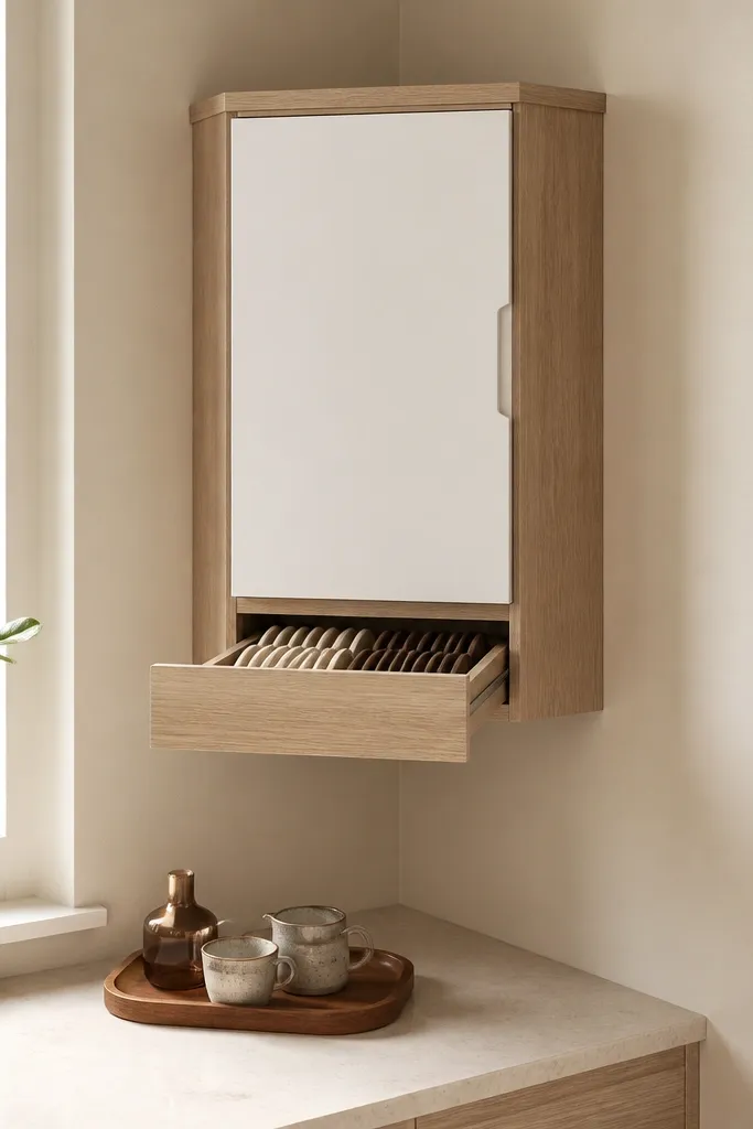 A compact corner cabinet mounted high on the wall. It has a pull-out drawer at the bottom with a filter organizer. The lower counter holds a small espresso cup set on a tray. The cabinet is light oak with a white door, and the wall is painted warm cream.
