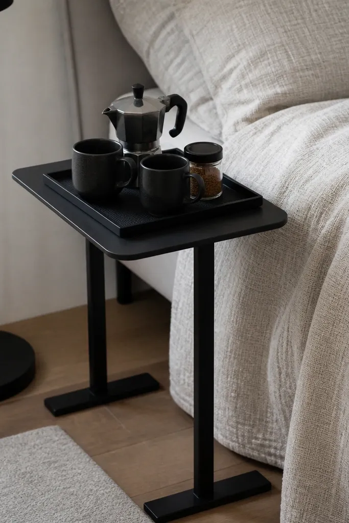 A small tray table with two legs placed beside a bed. A black tray on top holds a moka pot, two mugs, and a small jar of instant coffee. Under the tray is a thin rubberized mat. The bedspread is textured oatmeal, and the tray table matches a black lamp base.