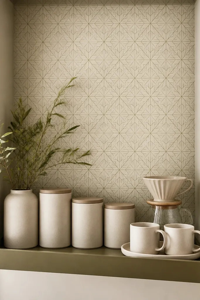 A small recessed corner with a wipeable wallpaper panel behind a coffee shelf. The wallpaper is a subtle geometric pattern in cream and muted olive. On the shelf is a row of ceramic canisters, a pour-over dripper, and two mugs on a tray. The shelf has a lip and the supplies are all in matching containers.