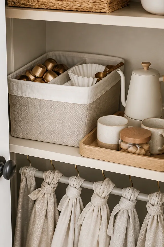 A closet shelf turned into a coffee corner. A linen-covered bin with a removable inner liner holds coffee pods, filters, and a small scoop. On the shelf edge sits a small tray with a kettle, cups, and a sugar jar. The closet door is open, showing an organized system with matching fabric ties.